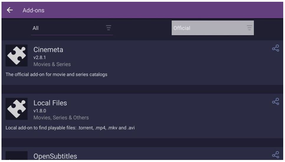 instalar complementos no stremio